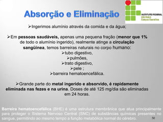 Ingerimos alumínio através da comida e da água;
Em pessoas saudáveis, apenas uma pequena fração (menor que 1%
de todo o alumínio ingerido), realmente atinge a circulação sangüínea,
temos barreiras naturais no corpo humano:
tubo digestivo,
pulmões,
trato digestivo,
pele ;
barreira hematoencefálica.
Grande parte do metal ingerido e absorvido, é rapidamente
eliminada nas fezes e na urina. Doses de até 125 mg/dia são eliminadas
em 24 horas.
Barreira hematoencefálica (BHE) é uma estrutura membrânica que atua principalmente
para proteger o Sistema Nervoso Central (SNC) de substâncias químicas presentes no
sangue, permitindo ao mesmo tempo a função metabólica normal do cérebro. 50
 