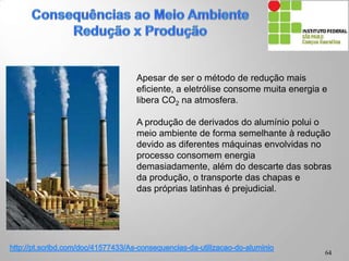 Apesar de ser o método de redução mais
eficiente, a eletrólise consome muita energia e
libera CO2 na atmosfera.
A produção de derivados do alumínio polui o
meio ambiente de forma semelhante à redução
devido as diferentes máquinas envolvidas no
processo consomem energia demasiadamente,
além do descarte das sobras da produção, o
transporte das chapas e das próprias latinhas é
prejudicial.
64
 