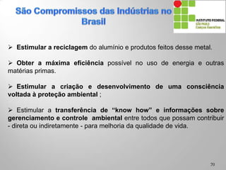  Estimular a reciclagem do alumínio e produtos feitos desse metal.
 Obter a máxima eficiência possível no uso de energia e outras
matérias primas.
 Estimular a criação e desenvolvimento de uma consciência
voltada à proteção ambiental ;
 Estimular a transferência de “know how” e informações sobre
gerenciamento e controle ambiental entre todos que possam contribuir
- direta ou indiretamente - para melhoria da qualidade de vida.
70
 