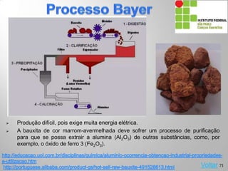  Produção difícil, pois exige muita energia elétrica.
 A bauxita de cor marrom-avermelhada deve sofrer um processo de purificação
para que se possa extrair a alumina (Al2O3) de outras substâncias, como, por
exemplo, o óxido de ferro 3 (Fe2O3).
Voltar 71
 