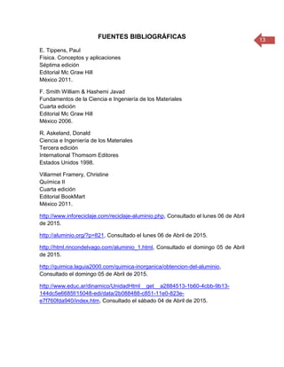 13
FUENTES BIBLIOGRÁFICAS
E. Tippens, Paul
Física. Conceptos y aplicaciones
Séptima edición
Editorial Mc Graw Hill
México 2011.
F. Smith William & Hashemi Javad
Fundamentos de la Ciencia e Ingeniería de los Materiales
Cuarta edición
Editorial Mc Graw Hill
México 2006.
R. Askeland, Donald
Ciencia e Ingeniería de los Materiales
Tercera edición
International Thomsom Editores
Estados Unidos 1998.
Villarmet Framery, Christine
Química II
Cuarta edición
Editorial BookMart
México 2011.
http://www.inforeciclaje.com/reciclaje-aluminio.php, Consultado el lunes 06 de Abril
de 2015.
http://aluminio.org/?p=821, Consultado el lunes 06 de Abril de 2015.
http://html.rincondelvago.com/aluminio_1.html, Consultado el domingo 05 de Abril
de 2015.
http://quimica.laguia2000.com/quimica-inorganica/obtencion-del-aluminio,
Consultado el domingo 05 de Abril de 2015.
http://www.educ.ar/dinamico/UnidadHtml__get__a2884513-1b60-4cbb-9b13-
144dc5e6685f/15048-edi/data/2b088488-c851-11e0-823e-
e7f760fda940/index.htm, Consultado el sábado 04 de Abril de 2015.
 