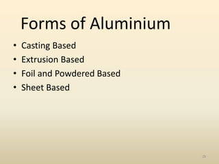 • Casting Based
• Extrusion Based
• Foil and Powdered Based
• Sheet Based
Forms of Aluminium
29
 