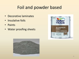 Foil and powder based
• Decorative laminates
• Insulative foils
• Paints
• Water proofing sheets
35
 