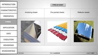 SEM: III-A TOPIC: ALUMINIUM SUBJECT: BMCT
Anodizing sheets Pre painted sheets Reflector sheets
TYPES OF SHEET
 