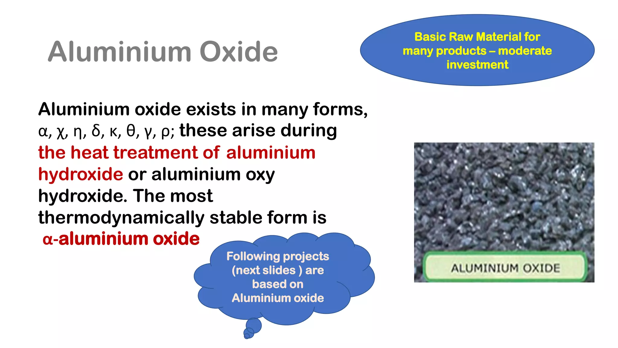 Aluminium Oxide
Aluminium oxide exists in many forms,
α, χ, η, δ, κ, θ, γ, ρ; these arise during
the heat treatment of aluminium
hydroxide or aluminium oxy
hydroxide. The most
thermodynamically stable form is
α-aluminium oxide
Basic Raw Material for
many products – moderate
investment
Following projects
(next slides ) are
based on
Aluminium oxide
 