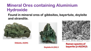 Mineral Ores containing Aluminium
Hydroxide
Found in mineral ores of gibbsites, bayertute, doyleite
and strandite.
Gibbsite, Al(OH)
Raman spectra of
bayerite (β-Al(OH)3)Doyleite Al (OH) 3
 
