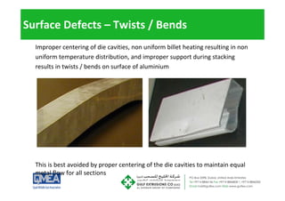 Surface Defects – Twists / Bends
Improper centering of die cavities, non uniform billet heating resulting in non
if di ib i d i d i ki
uniform temperature distribution, and improper support during stacking
results in twists / bends on surface of aluminium
This is best avoided by proper centering of the die cavities to maintain equal
metal flow for all sections
 