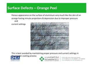 Surface Defects – Orange Peel
Porous appearance on the surface of aluminium very much like the skin of an
h i i j i & d i d i
orange having minute projections & depression due to improper pressure
and
current settings
g
This is best avoided by maintaining proper pressure and current settings in
the powder coating process
 