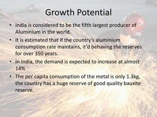 Growth Potential
• India is considered to be the fifth largest producer of
Aluminium in the world.
• It is estimated that if the country’s aluminium
consumption rate maintains, it’d behaving the reserves
for over 350 years.
• In India, the demand is expected to increase at almost
14%
• The per capita consumption of the metal is only 1.3kg,
the country has a huge reserve of good quality bauxite
reserve.
 