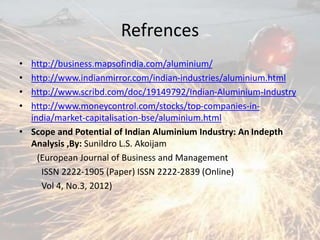 Refrences
• http://business.mapsofindia.com/aluminium/
• http://www.indianmirror.com/indian-industries/aluminium.html
• http://www.scribd.com/doc/19149792/Indian-Aluminium-Industry
• http://www.moneycontrol.com/stocks/top-companies-in-
india/market-capitalisation-bse/aluminium.html
• Scope and Potential of Indian Aluminium Industry: An Indepth
Analysis ,By: Sunildro L.S. Akoijam
(European Journal of Business and Management
ISSN 2222-1905 (Paper) ISSN 2222-2839 (Online)
Vol 4, No.3, 2012)
 