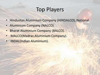 Top Players
• Hindustan Aluminium Company (HINDALCO), National.
• Aluminium Company (NALCO).
• Bharat Aluminium Company (BALCO).
• MALCO(Madras Aluminium Company).
• INDAL(Indian Aluminium).
 