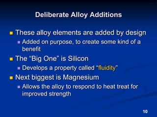 10Deliberate Alloy AdditionsThese alloy elements are added by designAdded on purpose, to create some kind of a benefitThe “Big One” is SiliconDevelops a property called “fluidity”Next biggest is MagnesiumAllows the alloy to respond to heat treat for improved strength