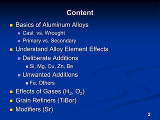 2ContentBasics of Aluminum AlloysCast  vs. WroughtPrimary vs. SecondaryUnderstand Alloy Element EffectsDeliberate AdditionsSi, Mg, Cu, Zn, BeUnwanted AdditionsFe, OthersEffects of Gases (H2, O2)Grain Refiners (TiBor)Modifiers (Sr)