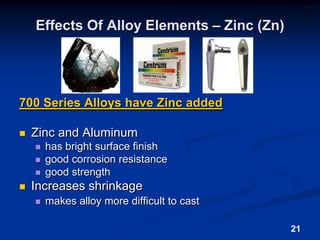 21Effects Of Alloy Elements – Zinc (Zn)700 Series Alloys have Zinc addedZinc and Aluminum		has bright surface finishgood corrosion resistance good strengthIncreases shrinkage makes alloy more difficult to cast