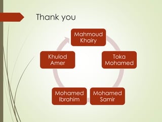 Thank you
Mahmoud
Khairy
Toka
Mohamed
Mohamed
Samir
Mohamed
Ibrahim
Khulod
Amer
 