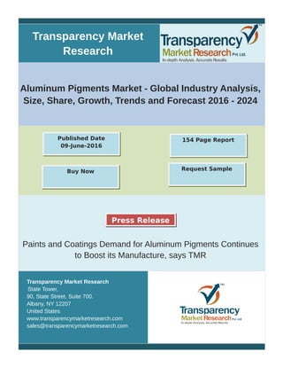 Transparency Market
Research
Aluminum Pigments Market - Global Industry Analysis,
Size, Share, Growth, Trends and Forecast 2016 - 2024
Paints and Coatings Demand for Aluminum Pigments Continues
to Boost its Manufacture, says TMR
Transparency Market Research
State Tower,
90, State Street, Suite 700.
Albany, NY 12207
United States
www.transparencymarketresearch.com
sales@transparencymarketresearch.com
154 Page ReportPublished Date
09-June-2016
Buy Now Request Sample
Press Release
 
