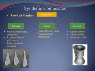 Synthetic Composites
• Based on Matrices Composites
Polymer Metal Ceramic
• Most plastic molding
compounds.
• Rubber reinforced
with carbon.
• Fiber-reinforced
polymers
• Carbon Reinforced Al
• Aluminium SiC.
• Magniesium
• Silicon carbide
• Silicon nitride
• Aluminium oxide
 