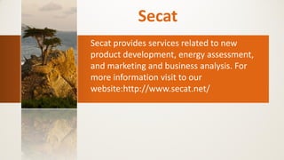 Secat provides services related to new
product development, energy assessment,
and marketing and business analysis. For
more information visit to our
website:http://www.secat.net/
 