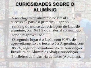 A reciclagem de alumínio no Brasil é um
sucesso. O país é o primeiro lugar no
ranking do índice de reciclagem de latas de
alumínio, com 94,4% do material consumido
sendo reaproveitado.
O segundo lugar é o Japão com 90,9% de
aproveitamento e o terceiro é a Argentina, com
88,2%, segundo levantamento da Associação
Brasileira de Alumínio (Abal) e Associação
Brasileiros da Indústria de Latas (Abralatas).

 