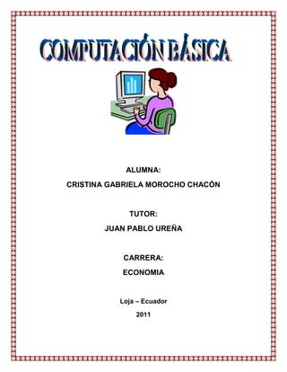 ALUMNA:<br />CRISTINA GABRIELA MOROCHO CHACÓN<br />TUTOR: <br />JUAN PABLO UREÑA<br />CARRERA:<br />ECONOMIA<br />Loja – Ecuador<br />2011<br />RELACIÓN QUE EXISTE ENTRE LA GESTIÓN DEL CONOCIMIENTO Y LA WEB 2.0<br />Conocimiento: Es, por una parte, el estado de quien conoce o sabe algo, y por otro lado, los contenidos sabidos o conocidos que forman parte del patrimonio cultural del Homo sapiens. Saber que se consigue mediante la experiencia personal, la observación o el estudio.<br />Por extensión, suele llamarse también quot;
conocimientoquot;
 a todo lo que un individuo o una sociedad dados consideran sabido o conocido.<br />Gestión del conocimiento: Es un concepto aplicado en las organizaciones, que busca transferir el conocimiento y la experiencia existente entre sus miembros, de modo que pueda ser utilizado como un recurso disponible para otros en la organización. Usualmente el proceso implica técnicas para capturar, organizar, almacenar el conocimiento de los trabajadores, para transformarlo en un activo intelectual que preste beneficios y se pueda compartir. En la actualidad, las tecnologías de información permiten contar con herramientas que apoyan la gestión del conocimiento en las empresas, apoyando en la recolección, la transferencia, la seguridad y la administración sistemática de la información, junto con los sistemas diseñados para ayudar a  hacer el mejor uso de ese conocimiento.<br />Web: La Web es una idea que se construyo sobre la Internet. Las conexiones físicas son sobre la Internet, pero introduce una serie de ideas nuevas, heredando las ya existentes.<br />Antes de la Web, la manera de obtener los datos por la Internet era caótica: había un sinfín de maneras posibles y con ello había que conocer múltiples programas y sistemas operativos. La Web introduce un concepto fundamental: la posibilidad de lectura universal, que consiste en que una vez que la información esté disponible, se pueda acceder a ella desde cualquier ordenador, desde cualquier país, por cualquier persona autorizada, usando un único y simple programa. Para que esto fuese posible, se utilizan una serie de conceptos, el más conocido es el hipertexto.<br />RAZÓN POR LA QUE LICENCIE MI BLOG<br />La razón por la que escogí la licencia es porque esta permite que mi información no sea utilizada para fines lucrativos y tampoco sea alterada por algún usuario sin mi aprobación<br />