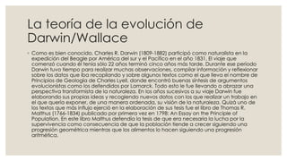 La teoría de la evolución de
Darwin/Wallace
◦ Como es bien conocido, Charles R. Darwin (1809-1882) participó como naturalista en la
expedición del Beagle por América del sur y el Pacífico en el año 1831. El viaje que
comenzó cuando él tenía sólo 22 años terminó cinco años más tarde. Durante ese período
Darwin tuvo tiempo para realizar muchas observaciones, compilar información y reflexionar
sobre los datos que iba recopilando y sobre algunos textos como el que lleva el nombre de
Principios de Geología de Charles Lyell, donde encontró buenas síntesis de argumentos
evolucionistas como los defendidos por Lamarck. Todo esto le fue llevando a abrazar una
perspectiva transformista de la naturaleza. En los años sucesivos a su viaje Darwin fue
elaborando sus propias ideas y recogiendo nuevos datos con los que realizar un trabajo en
el que quería exponer, de una manera ordenada, su visión de la naturaleza. Quizá uno de
los textos que más influjo ejerció en la elaboración de sus tesis fue el libro de Thomas R.
Malthus (1766-1834) publicado por primera vez en 1798: An Essay on the Principle of
Population. En este libro Malthus defendía la tesis de que era necesaria la lucha por la
supervivencia como consecuencia de que la población tiende a crecer siguiendo una
progresión geométrica mientras que los alimentos lo hacen siguiendo una progresión
aritmética.
 