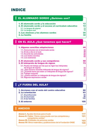 EL ALUMNADO SORDO ¿Quiénes son?
INDICE
1. El alumnado sordo y la educación
2. El alumnado sordo y el acceso al curriculum educativo
2.1. La lengua de signos
2.2. La lengua oral
3. Las alumnas y los alumnos sordos
4. La familia
EN EL AULA ¿Qué tenemos qué hacer?
1. Algunas sencillas adaptaciones
1.1. Comunicarse con el alumnado sordo
1.2. El día a día en el aula
1.3. Durante las actividades
1.4. Los textos escritos
1.5. Los exámenes
2. El alumnado sordo y sus compañeros
3. El intérprete de lengua de signos
3.1. Pautas de trabajo por las que se rigen los intérpretes
de lengua de signos
3.2. ¿Qué alumno necesita intérprete de lengua de signos?
3.3. ¿Cuándo tiene que estar un intérprete de lengua de signos?
3.4. Trabajo conjunto
3.5. ¿Cómo solicitar un intérprete de lengua de signos?
3.6. Algunos equívocos a evitar
¿Y FUERA DEL AULA?
1. Acciones con el resto del centro educativo
2. La orientación
2.1. Al profesorado
2.2. Al alumnado
2.3. A las familias
3. El entorno
ANEXOS
Anexo I. Ayudas técnicas para el aula
Anexo II. Folleto “Cómo comunicarte con tus compañeras y
compañeros sordos“
Anexo III. Entidades de personas sordas
Anexo IV: Otros materiales y publicaciones de la Fundación CNSE
13
14
15
18
25
32
44
44
49
55
60
65
68
73
74
75
75
76
76
77
86
93
94
98
102
109
117
121
123
128
 