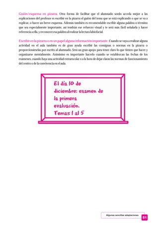 Algunas sencillas adaptaciones
51
Guión/esquema en pizarra.
Escribir en la pizarra o en un papel alguna información importante.
Otra forma de facilitar que el alumnado sordo acceda mejor a las
explicaciones del profesor es escribir en la pizarra el guión del tema que se está explicando o que se va a
explicar, o hacer un breve esquema. Además también es recomendable escribir alguna palabra o término
que sea especialmente importante, así tendrán ese refuerzo visual y te será más fácil señalarla y hacer
referenciaa ella,yreconoceresapalabra al realizarla lecturalabiofacial.
Cuando se vaya a realizar alguna
actividad en el aula también es de gran ayuda escribir las consignas o normas en la pizarra o
proporcionárselas por escrito al alumnado. Será un gran apoyo para tener claro lo que tienen que hacer y
organizarse mentalmente. Asimismo es importante hacerlo cuando se establezcan las fechas de los
exámenes, cuando haya una actividad extraescolar o a la hora de dejar claras las normas de funcionamiento
delcentroo dela convivenciaenelaula.
 