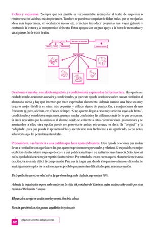 Algunas sencillas adaptaciones
62
Fichas y esquemas.
Oraciones causales, con doble negación, y condicionales expresadas de forma clara.
Pronombres, o referencia a una palabra que haya aparecido antes.
Siempre que sea posible es recomendable acompañar el texto de esquemas o
resúmenes con las ideas más importantes. También se pueden acompañar de fichas en las que se recojan las
ideas más importantes, el vocabulario nuevo, etc. o incluso introducir preguntas que vayan guiando y
centrando la lectura y la comprensión del texto. Estos apoyos son un gran apoyo a la hora de memorizar y
sacarprovecho deestostextos.
Hay que tener
cuidado con las oraciones causales y condicionales, ya que este tipo de oraciones suelen causar confusión al
alumnado sordo y hay que intentar que estén expresadas claramente. Además cuando una frase sea muy
larga es mejor dividirla en otras más pequeñas y utilizar signos de puntuación, y conjunciones de uso
frecuente (y, pero, además, etc.) Frases del tipo: “Si no quieres llegar a casa muy tarde no vayas a la fiesta”,
condicionales y con dobles negaciones, generan mucha confusión y las utilizamos más de lo que pensamos.
Si crees necesario que la alumna o el alumno sordo se enfrente a estas construcciones gramaticales y se
acostumbre a ellas, otra opción puede ser presentarle ambas estructuras, es decir, la “original” y la
“adaptada” para que pueda ir aprendiéndolas y accediendo más fácilmente a su significado, o con notas
aclaratoriasquelespermitan entenderlas.
Otro tipo de oraciones que suelen
llevar a confusión sonaquellosen lasqueaparecen pronombrespersonalesy relativos. Si esposible, esmejor
explicitar el antecedente o que quede claro a qué palabra sustituyen o a quién hacen referencia. Si incluso así
no ha quedado clara es mejor repetir el antecedente. Por otro lado, ten en cuenta que si el antecedente es una
oración, va a ser más difícil la comprensión. Para que te hagas una idea de a lo que nos estamos refiriendo, he
aquíalgunosejemplosdeoracionesqueesposiblequepresenten dificultadesparasucomprensión.
Dela población queestaenedad activa, la queviveenlasgrandesciudades,representael70%.
Además, la organización espera poder contar con la visita del presidente del Gobierno, quien mañana debe acudir por otras
razonesal Parlamento Europeo.
Elquesalea navegar enun día comohoyno estábiendela cabeza.
Para losquedefendían a lospumas,aquellofuedecepcionante.
la quevive
quien
Elque
losque aquello
 