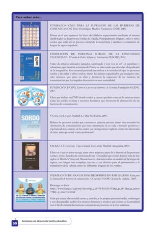Para saber más…
FUNDACIÓN CNSE PARA LA SUPRESIÓN DE LAS BARRERAS DE
COMUNICACIÓN. Póster Dactilológico. Madrid: Fundación CNSE, 2000.
Póster en el que aparecen las letras del alfabeto representadas mediante el sistema
dactilológico de las personas sordas de España. Principalmente dirigido a niñas y niños
sordos que están en un proceso inicial de lectoescritura y también a estudiantes de
lengua de signos española.
FEDERACIÓN DE PERSONAS SORDAS DE LA COMUNIDAD
VALENCIANA. El sueño de Pedro. Valencia: Fundación FESORD, 2002.
Vídeo de dibujos animados signados, subtitulado y con voz en off en castellano y
valenciano, que narra las aventuras de Pedro, un niño sordo que descubre el significado
de la integración. Este material pretende mentalizar a la sociedad de que las personas
sordas y, las niñas y niños sordos, tienen las mismas capacidades que cualquier otro,
sólo tenemos que creer en ellas y favorecer la supresión de las barreras de
comunicación que les impiden desenvolverse con normalidad.
FUNDACIÓN FAXPG. Entre tú y yo no hay barreras. A Coruña: Fundación FAXPG.
2007.
Libro que incluye un DVD donde sordos y oyentes podrán conocer de primera mano
todas las ayudas técnicas y recursos humanos que favorecen la eliminación de las
barreras de comunicación.
VV.AA. Sordo ¡y qué!. Madrid: Lo Que No Existe, 2007.
Relatos de personas sordas que cuentan en primera persona cómo han sorteado los
obstáculos de comunicación que han encontrado en su vida. Historias positivas y
esperanzadoras, a través de las cuales sus protagonistas explican cómo han alcanzado
el éxito, tanto personal como profesional.
SACKS, O. Veo una voz. Viaje al mundo de los sordos. Madrid: Anagrama, 2003.
Libro en el que su autor recoge, entre otros aspectos, parte de la historia de las personas
sordas y cómo descubre la existencia de una comunidad que existió durante más de dos
siglos en Martha’s Vineyard, Massachusetts. Además realiza un análisis de la lengua de
signos, una lengua tan compleja, tan rica y tan efectiva para el pensamiento y la
transmisión de la cultura como las diferentes lenguas de los oyentes.
FEDERACIÓN DE ASOCIACIONS DE XORDOS DO PAIS GALEGO. Guía para
la eliminación de barreras de comunicación. A Coruña: FAXPG-Xunta de Galicia, 2003.
Descarga en línea:
http://www.faxpg.es/c/portal/layout?p_l_id=PUB.1029.193&p_p_id=3&p_p_action
=0&p_p_state=normal
Guía que acerca a la sociedad oyente y, también, a las propias personas sordas, sordociegas
y con discapacidad auditiva los recursos humanos y técnicos que existen en la actualidad
con el fin de eliminar las barreras comunicativas presentes en la vida cotidiana.
Acciones con el resto del centro educativo
 