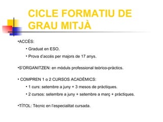 CICLE FORMATIU DE
     GRAU MITJÀ
•ACCÉS:
    • Graduat en ESO.
    • Prova d’accés per majors de 17 anys.

•S’ORGANITZEN: en mòduls professional teòrico-pràctics.

• COMPREN 1 o 2 CURSOS ACADÈMICS:
    • 1 curs: setembre a juny + 3 mesos de pràctiques.
    • 2 cursos: setembre a juny + setembre a març + pràctiques.

•TÍTOL: Tècnic en l’especialitat cursada.
 