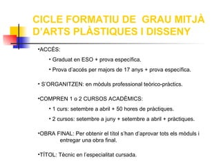 CICLE FORMATIU DE GRAU MITJÀ
D’ARTS PLÀSTIQUES I DISSENY
•ACCÉS:
    • Graduat en ESO + prova específica.
    • Prova d’accés per majors de 17 anys + prova específica.

• S’ORGANITZEN: en mòduls professional teòrico-pràctics.

•COMPREN 1 o 2 CURSOS ACADÈMICS:
    • 1 curs: setembre a abril + 50 hores de pràctiques.
    • 2 cursos: setembre a juny + setembre a abril + pràctiques.

•OBRA FINAL: Per obtenir el títol s’han d’aprovar tots els mòduls i
       entregar una obra final.

•TÍTOL: Tècnic en l’especialitat cursada.
 
