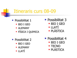 Itineraris curs 08-09
   Possibilitat 1             Possibilitat 3
        BIO I GEO                 BIO I GEO
        ALEMANY                   LLATÍ
        FÍSICA I QUIMICA
                                   PLÀSTICA

   Possibilitat 2
                               Possibilitat 4
        BIO I GEO
                                   BIO I GEO
        ALEMANY
                                   TECNO
        LLATÍ
                                   PLÀSTICA
 