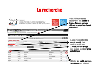 Vous pouvez faire des
recherches par : année de
Promo, Campus, cursus,
ville perso, pays, fonction et
entreprise.
La recherche
Ex. vous recherchez des
chef de produit . Les
résultats s’affichent.
La petite pastille rouge
vous permet un tri par ordre
alphabétique.
Affichez les profils qui vous
intéressent via la loupe.
 
