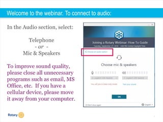 1
Welcome to the webinar. To connect to audio:
In the Audio section, select:
Telephone
- or -
Mic & Speakers
To improve sound quality,
please close all unnecessary
programs such as email, MS
Office, etc. If you have a
cellular device, please move
it away from your computer.
 