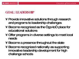 GOAL: LEADERSHIP Provide innovative solutions through research and programs to leadership challenges Become recognized as the “go-to” place for educational solutions Offer programs in diverse settings to meet local needs Become a presence throughout the state Become recognized nationally as supporting innovative leadership development for high challenge schools 
