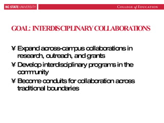 GOAL: INTERDISCIPLINARY COLLABORATIONS Expand across-campus collaborations in research, outreach, and grants Develop interdisciplinary programs in the community Become conduits for collaboration across traditional boundaries 