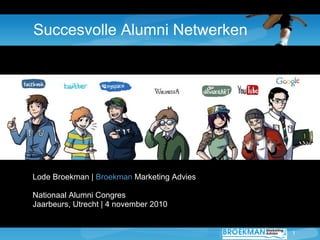 1
Succesvolle Alumni Netwerken
Lode Broekman | Broekman Marketing Advies
Nationaal Alumni Congres
Jaarbeurs, Utrecht | 4 november 2010
 