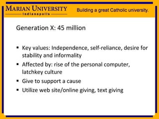 Generation X: 45 million Key values: Independence, self-reliance, desire for stability and informality Affected by: rise of the personal computer, latchkey culture Give to support a cause Utilize web site/online giving, text giving 