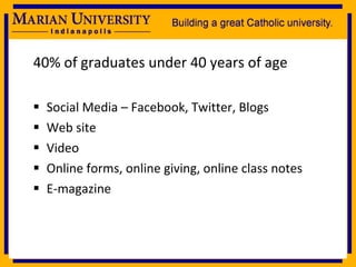 40% of graduates under 40 years of age Social Media – Facebook, Twitter, Blogs Web site Video Online forms, online giving, online class notes E-magazine 