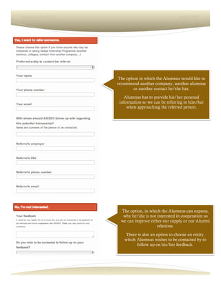 5
Lorem Ipsum Dolor Spring 2016
The option in which the Alumnus would like to
recommend another company, another alumnus
or another contact he/she has.
Alumnus has to provide his/her personal
information so we can be referring to him/her
when approaching the referred person.
The option, in which the Alumnus can express,
why he/she is not interested in cooperation so
we can improve either our supply or our Alumni
relations.
There is also an option to choose an entity,
which Alumnus wishes to be contacted by to
follow up on his/her feedback.
 