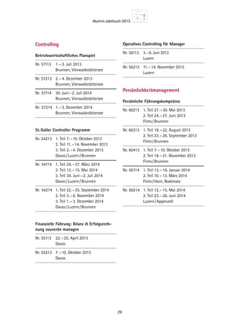 Alumni-Jahrbuch 2013
29
Controlling
Betriebswirtschaftliches Planspiel
Nr. 57113	 1. – 3. Juli 2013
		 Brunnen, Vierwaldstättersee
Nr. 57213	 2. – 4. Dezember 2013
		 Brunnen, Vierwaldstättersee
Nr.	57114	 30. Juni – 2. Juli 2014
		 Brunnen, Vierwaldstättersee
Nr.	 57214	 1. – 3. Dezember 2014
		 Brunnen, Vierwaldstättersee
St. Galler Controller Programm
Nr. 54213	 1. Teil	7. – 10. Oktober 2013
		 2. Teil	11. – 14. November 2013
		 3. Teil	2. – 4. Dezember 2013
		 Davos / Luzern / Brunnen
Nr.	54114	 1. Teil	24. – 27. März 2014
		 2. Teil	12. – 15. Mai 2014
		 3. Teil	30. Juni – 2. Juli 2014
		 Davos / Luzern / Brunnen
Nr.	54214	 1. Teil	22. – 25. September 2014
		 2. Teil	3. – 6. November 2014
		 3. Teil	1. – 3. Dezember 2014
		 Davos / Luzern / Brunnen
Finanzielle Führung: Bilanz  Erfolgsrech-
nung souverän managen
Nr. 55113	 22. – 25. April 2013
		 Davos
Nr. 55213	 7. – 10. Oktober 2013
		 Davos
Operatives Controlling für Manager
Nr. 56113	 3. – 6. Juni 2013
		 Luzern
Nr. 56213	 11. – 14. November 2013
		 Luzern
Persönlichkeitmanagement
Persönliche Führungskompetenz
Nr. 60213	 1. Teil	27. – 30. Mai 2013
		 2. Teil	24. – 27. Juni 2013
		 Flims / Brunnen
Nr. 60313	 1. Teil	19. – 22. August 2013
		 2. Teil	23. – 26. September 2013
		 Flims / Brunnen
Nr. 60413	 1. Teil	7. – 10. Oktober 2013
		 2. Teil	18. – 21. November 2013
		 Flims / Brunnen
Nr.	60114	 1. Teil	13. – 16. Januar 2014
		 2. Teil	10. – 13. März 2014
		 Flims / Horn, Bodensee
Nr.	60214	 1. Teil	12. – 15. Mai 2014
		 2. Teil	23. – 26. Juni 2014
		 Luzern / Appenzell
 