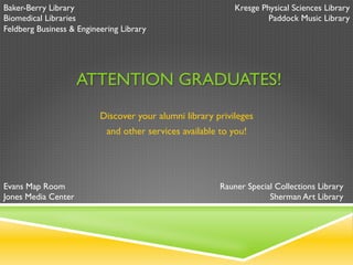 Baker-Berry Library                                          Kresge Physical Sciences Library
Biomedical Libraries                                                  Paddock Music Library
Feldberg Business & Engineering Library




                     ATTENTION GRADUATES!
                          Discover your alumni library privileges
                            and other services available to you!




Evans Map Room                                           Rauner Special Collections Library
Jones Media Center                                                    Sherman Art Library
 