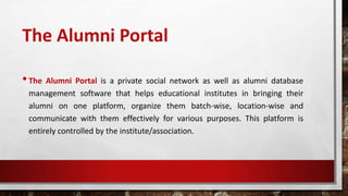 Screenshot-1
• Institution own alumni
portal
• Control panel for
management
• Blogs, groups, news
• Private messaging
 