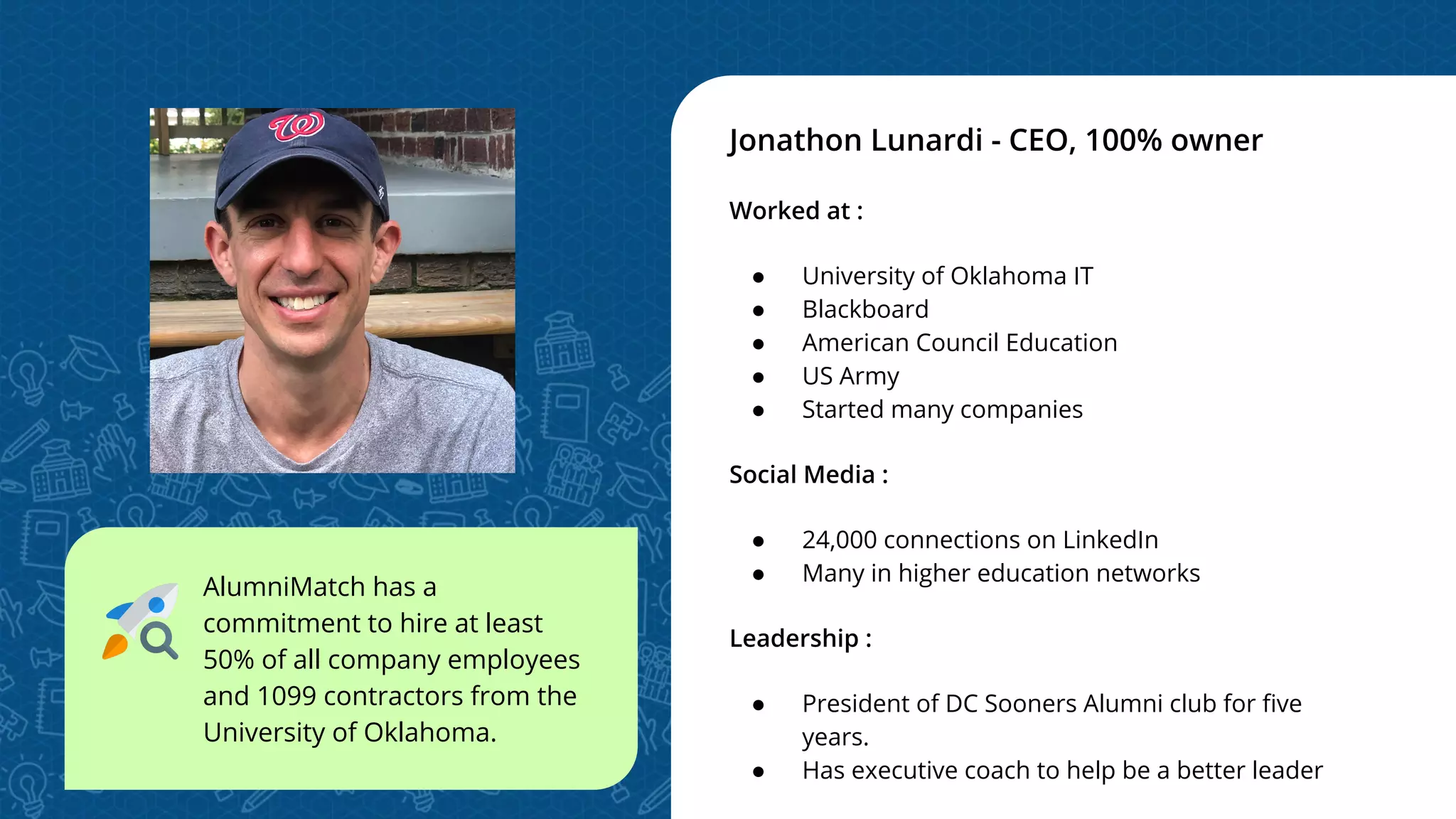 Jonathon Lunardi - CEO, 100% owner
Worked at :
● University of Oklahoma IT
● Blackboard
● American Council Education
● US Army
● Started many companies
Social Media :
● 24,000 connections on LinkedIn
● Many in higher education networks
Leadership :
● President of DC Sooners Alumni club for ﬁve
years.
● Has executive coach to help be a better leader
AlumniMatch has a
commitment to hire at least
50% of all company employees
and 1099 contractors from the
University of Oklahoma.
 