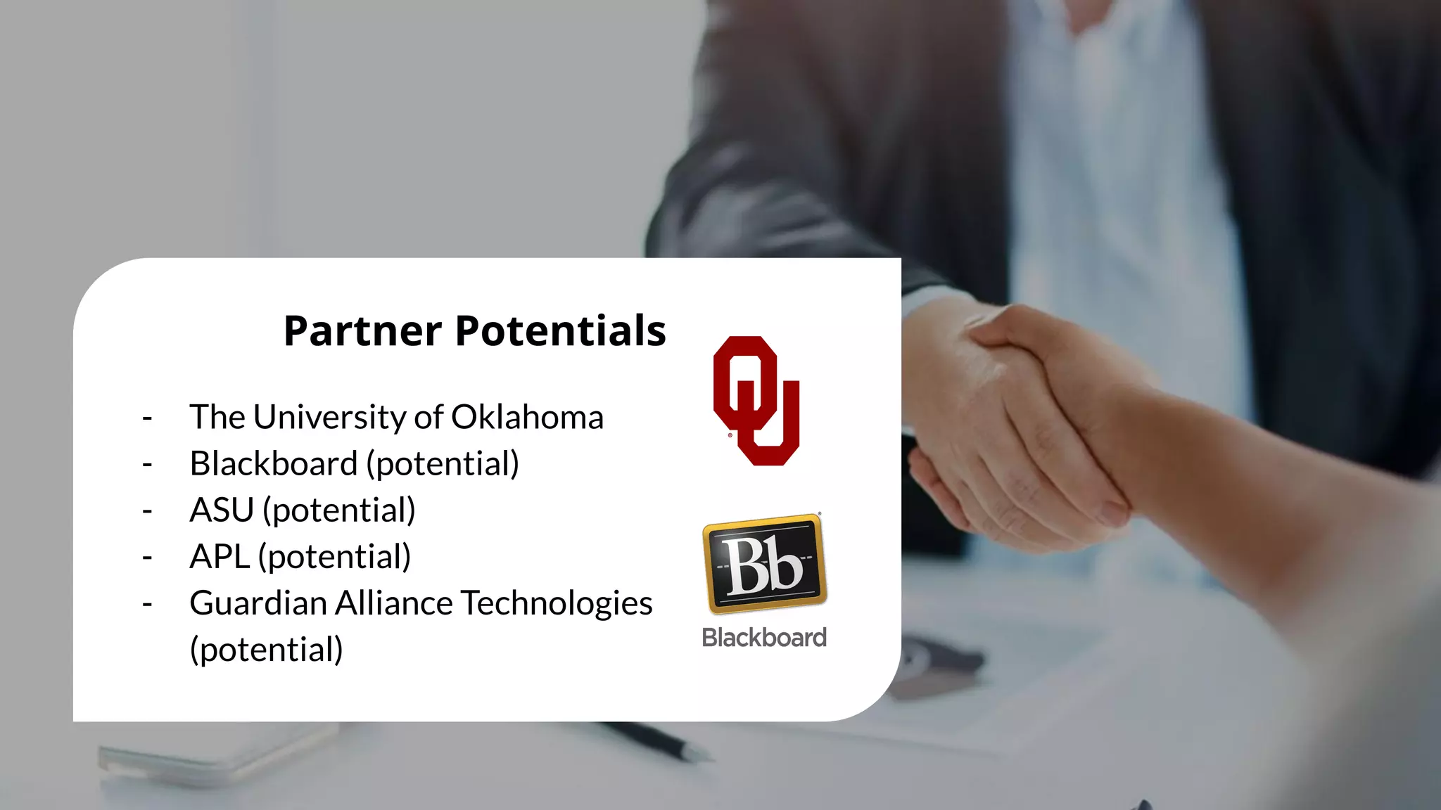 - The University of Oklahoma
- Blackboard (potential)
- ASU (potential)
- APL (potential)
- Guardian Alliance Technologies
(potential)
Partner Potentials
 