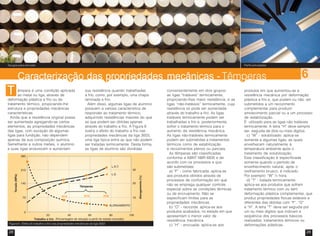 28 29
Têmperas 6
êmpera é uma condição aplicada
ao metal ou liga, através de
deformação plástica a frio ou de
tratamento térmico, propiciando-lhe
estrutura e propriedades mecânicas
características.
Ainda que a resistência original possa
ser aumentada agregando-se certos
elementos, as propriedades mecânicas
das ligas, com exceção de algumas
ligas para fundição, não dependem
apenas da sua composição química.
Semelhante a outros metais, o alumínio
e suas ligas endurecem e aumentam
sua resistência quando trabalhadas
a frio, como, por exemplo, uma chapa
laminada a frio.
Além disso, algumas ligas de alumínio
possuem a valiosa característica de
responder ao tratamento térmico,
adquirindo resistências maiores do que
as que podem ser obtidas apenas
através do trabalho a frio. A Figura 6
ilustra o efeito do trabalho a frio nas
propriedades mecânicas da liga 3003,
uma liga típica entre as que não podem
ser tratadas termicamente. Desta forma,
as ligas de alumínio são divididas
convenientemente em dois grupos:
as ligas “tratáveis” termicamente,
propiciando-lhes maior resistência, e as
ligas “não-tratáveis” termicamente, cuja
resistência só pode ser aumentada
através do trabalho a frio. As ligas
tratáveis termicamente podem ser
trabalhadas a frio e, posteriormente,
sofrer o tratamento térmico para o
aumento da resistência mecânica.
As ligas não-tratáveis termicamente
podem ser submetidas a tratamentos
térmicos como de estabilização
e recozimentos plenos ou parciais.
As têmperas são classificadas
conforme a ABNT NBR 6835 e de
acordo com os processos a que
são submetidas:
a) “F” - como fabricada: aplica-se
aos produtos obtidos através de
processos de conformação em que
não se emprega qualquer controle
especial sobre as condições térmicas
ou de encruamento. Não se
especificam limites para as
propriedades mecânicas.
b) “O” - recozida: aplica-se aos
produtos acabados, no estado em que
apresentam o menor valor de
resistência mecânica.
c) “H” - encruada: aplica-se aos
produtos em que aumentou-se a
resistência mecânica por deformação
plástica a frio e, que podem ou não, ser
submetidos a um recozimento
complementar para produzir
amolecimento parcial ou a um processo
de estabilização.
É utilizado para as ligas não tratáveis
termicamente. A letra “H” deve sempre
ser seguida de dois ou mais dígitos.
c) “W” - solubilizado: aplica-se
somente a algumas ligas, as quais
envelhecem naturalmente à
temperatura ambiente após o
tratamento de solubilização.
Esta classificação é especificada
somente quando o período de
envelhecimento natural, após o
resfriamento brusco, é indicado.
Por exemplo: “W” ½ hora.
d) “T” - tratada termicamente:
aplica-se aos produtos que sofrem
tratamento térmico com ou sem
deformação plástica complementar, que
produz propriedades físicas estáveis e
diferentes das obtidas com “F”, “O”
e “H”. A letra “T” deve ser seguida por
um ou mais dígitos que indicam a
seqüência dos processos básicos
realizados: tratamentos térmicos ou
deformações plásticas.
Caracterização das propriedades mecânicas -
Figura 6 - Efeito do trabalho a frio nas propriedades mecânicas da liga 3003
Tarugos para extrusão Perfis extrudados
TTTTT
 