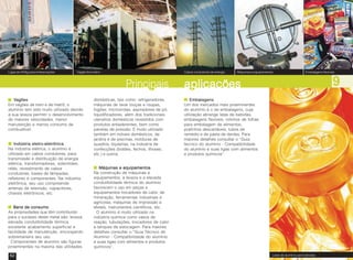 62 63
VVVVVagõesagõesagõesagõesagões
Em vagões de trem e de metrô, o
alumínio tem sido muito utilizado devido
à sua leveza permitir o desenvolvimento
de maiores velocidades, menor
manutenção e menos consumo de
combustível.
Indústria eletro-eletrônicaIndústria eletro-eletrônicaIndústria eletro-eletrônicaIndústria eletro-eletrônicaIndústria eletro-eletrônica
Na indústria elétrica, o alumínio é
utilizado em cabos condutores, para
transmissão e distribuição de energia
elétrica, transformadores, solenóides,
relés, revestimento de cabos
condutores, bases de lâmpadas,
refletores e componentes. Na indústria
eletrônica, seu uso compreende
antenas de televisão, capacitores,
chassis eletrônicos, etc.
Máquinas e equipamentosMáquinas e equipamentosMáquinas e equipamentosMáquinas e equipamentosMáquinas e equipamentos
Na construção de máquinas e
equipamentos, a leveza e a elevada
condutibilidade térmica do alumínio
favorecem o uso em peças e
equipamentos trocadores de calor, de
mineração, ferramentas industriais e
agrícolas, máquinas de impressão e
têxteis, instrumentos científicos, etc.
O alumínio é muito utilizado na
indústria química como vasos de
reação, tubulações, trocadores de calor
e tanques de estocagem. Para maiores
detalhes consultar o “Guia Técnico do
Alumínio - Compatibilidade do alumínio
e suas ligas com alimentos e produtos
químicos”.
Bens de consumoBens de consumoBens de consumoBens de consumoBens de consumo
As propriedades que têm contribuído
para o sucesso deste metal são: leveza,
elevada condutibilidade térmica,
excelente acabamento superficial e
facilidade de manutenção, encorajando
sobremaneira seu uso.
Componentes de alumínio são figuras
proeminentes na maioria das utilidades
EmbalagensEmbalagensEmbalagensEmbalagensEmbalagens
Um dos mercados mais proeminentes
do alumínio é o de embalagens, cuja
utilização abrange latas de bebidas,
embalagens flexíveis, rolinhos de folhas
para embalagem de alimentos,
pratinhos descartáveis, tubos de
remédio e de pasta de dentes. Para
maiores detalhes consultar o “Guia
técnico do alumínio - Compatibilidade
do alumínio e suas ligas com alimentos
e produtos químicos”.
9
domésticas, tais como: refrigeradores,
máquinas de lavar louças e roupas,
fogões, microondas, aspiradores de pó,
liquidificadores, além dos tradicionais
utensílios domésticos revestidos com
produtos antiaderentes, bem como
panelas de pressão. É muito utilizado
também em móveis domésticos, de
jardins e de piscinas, molduras de
quadros, bijuterias, na indústria de
confecções (botões, fechos, ilhoses,
etc.) e outros.
Ligas de AlMg para embarcações Vagão ferroviário Cabos condutores de energia Máquinas e equipamentos Embalagens flexíveis
Latas de alumínio para bebidas
aplicaçõesaplicaçõesaplicaçõesaplicaçõesaplicaçõesPrincipais
 