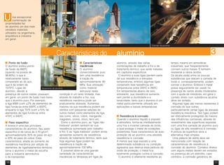 10 11
“Corrida” de alumínio
33333
ma excepcional
combinação de
propriedades faz
do alumínio um dos mais
versáteis materiais
utilizados na engenharia,
arquitetura e indústria
em geral.
Ponto de fusãoPonto de fusãoPonto de fusãoPonto de fusãoPonto de fusão
O alumínio possui ponto
de fusão de 660ºC
(quando na pureza de
99,80%), o que é
relativamente baixo
comparado ao do aço,
que é da ordem de
1570°C. Ligas de
alumínio, devido à
presença de outros metais, possuem,
em geral, um ponto de fusão mais baixo
que o alumínio puro. Por exemplo,
a liga 6060 (com ±2% de elementos de
liga) funde-se entre 600ºC e 650ºC,
enquanto a liga 7075 (com ±10% de
elementos de liga) funde-se entre
475ºC e 640ºC.
Peso específicoPeso específicoPeso específicoPeso específicoPeso específico
A leveza é uma das principais
características do alumínio. Seu peso
específico é de cerca de 2,70 g/cm³,
aproximadamente 35% do peso do aço
e 30% do peso do cobre. Essa
característica, aliada ao aumento da
resistência mecânica por adição de
elementos de liga/tratamentos térmicos,
torna o alumínio o metal de escolha
para a indústria aeronáutica
e de transportes.
CaracterísticasCaracterísticasCaracterísticasCaracterísticasCaracterísticas
mecânicasmecânicasmecânicasmecânicasmecânicas
O alumínio
comercialmente puro
tem uma resistência
à tração de
aproximadamente 90
MPa. Sua utilização
como material
estrutural nesta
condição é um tanto limitada, mas
através do trabalho a frio, sua
resistência mecânica pode ser
praticamente dobrada. Aumentos
maiores na sua resistência podem ser
obtidos com pequenas adições de
outros metais como elementos de liga,
tais como: silício, cobre, manganês,
magnésio, cromo, zinco, ferro etc.
Como o alumínio puro, as “ligas não-
tratáveis” podem também ter sua
resistência aumentada pelo trabalho
a frio. E as “ligas tratáveis” podem ainda
apresentar aumento de resistência
através de tratamento térmico, tanto que
hoje algumas ligas podem ter
resistência à tração de
aproximadamente 700 MPa.
É possível obter-se uma grande
variedade de características
mecânicas ou têmperas em ligas de
alumínio, através das várias
combinações de trabalho a frio e de
tratamento térmico, que serão tratadas
em capítulos específicos.
O alumínio e suas ligas perdem parte
de sua resistência a elevadas
temperaturas, embora algumas ligas
conservem boa resistência em
temperaturas entre 200ºC e 260ºC.
Em temperaturas abaixo de zero,
entretanto, sua resistência aumenta
sem perder a ductilidade e a
tenacidade, tanto que o alumínio é um
metal particularmente utilizado em
aplicações a baixas temperaturas.
Resistência à corrosãoResistência à corrosãoResistência à corrosãoResistência à corrosãoResistência à corrosão
Quando o alumínio líquido é exposto
à atmosfera, forma-se imediatamente
uma fina e invisível camada de óxido,
a qual protege o metal de oxidações
posteriores. Essa característica de auto-
proteção dá ao alumínio uma elevada
resistência à corrosão.
A menos que seja exposto a uma
determinada substância ou condição
agressiva que destrua essa película de
óxido de proteção, o metal fica
totalmente protegido contra a corrosão.
O alumínio é altamente resistente ao
tempo, mesmo em atmosferas
industriais, que freqüentemente
corroem outros metais. É também
resistente a vários ácidos.
Os álcalis estão entre as poucas
substâncias que atacam a camada de
óxido e, conseqüentemente, podem
corroer o alumínio. Embora o metal
possa seguramente ser usado na
presença de certos álcalis moderados
com a ajuda de inibidores, em geral o
contato direto com substância alcalina
deve ser evitado.
Algumas ligas são menos resistentes à
corrosão do que outras,
particularmente certas ligas de elevada
resistência mecânica. Tais ligas podem
ser efetivamente protegidas da maioria
das influências corrosivas, através do
revestimento das superfícies expostas
com uma fina camada de alumínio puro
ou ligas de alta resistência à corrosão.
A pintura da superfície seria a
alternativa mais simples.
Uma palavra de alerta deve ser
mencionada com relação às
características de resistência à
corrosão do alumínio. Contatos diretos
com alguns metais devem ser evitados
na presença de um eletrólito, caso
contrário, a corrosão galvânica do
alumínioalumínioalumínioalumínioalumínio
Vazamento de alumínio
Alumínio na indústria aeroespacial
Características do
UUUUU
 