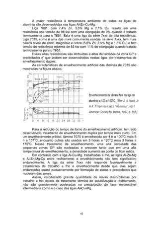 41
A maior resistência à temperatura ambiente de todas as ligas de
alumínio são desenvolvidas nas ligas Al-Zn-Cu-Mg.
Liga 7001, com 7,4% Zn, 3,0% Mg e 2,1% Cu, resulta em uma
resistência sob tensão de 98 ksi com uma elongação de 9% quando é tratado
termicamente para o T651. Esta é uma liga da série 7xxx de alta resistência.
Liga 7075, como é uma das mais comumente usadas na série 7xxx, tem mais
baixos níveis de zinco, magnésio e cobre (5,6% Zn, 2,5% Mg e 1,6% Cu) e tem
tensão de resistência máxima de 83 ksi com 11% de elongação quando tratado
termicamente para o T651.
Essas altas resistências são atribuídas a altas densidades da zona GP e
precipitados η’ que podem ser desenvolvidos nestas ligas por tratamentos de
envelhecimento duplex.
As características de envelhecimento artificial das lâminas de 7075 são
mostradas na figura abaixo.
Para a redução do tempo de forno do envelhecimento artificial, tem sido
desenvolvido tratamento de envelhecimento duplex por tempo mais curto. Em
um envelhecimento prático, lâmina 7075 é envelhecida por 4 h a 1000
C mais 8
h a 1570
C, enquanto outros são usados em 3 horas a 1200
C mais 3 horas a
1750
C. Nesse tratamento de envelhecimento, uma alta densidade das
pequenas zonas GP são nucleadas e crescem tanto que em uma alta
temperatura de envelhecimento, a densidade aumenta ao ponto de ficar retida.
Em contraste com a liga Al-Cu-Mg, trabalhadas a frio, as ligas Al-Zn-Mg
e Al-Zn-Mg-Cu entre resfriamento e envelhecimento não tem significativo
endurecimento. A liga da série 7xxx não responde favoravelmente a
tratamentos de trabalho a frio e envelhecimento desde que elas sejam
endurecidas quase exclusivamente por formação de zonas e precipitados que
nucleiam das zonas.
Assim, introduzindo grande quantidade de novas discordâncias por
trabalho a frio depois de tratamento térmico de solubilização e resfriamento,
não são grandemente aceleradas na precipitação da fase metaestável
intermediária como é o caso das ligas Al-Cu-Mg.
 