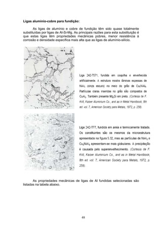 48
Ligas alumínio-cobre para fundição:
As ligas de alumínio e cobre de fundição têm sido quase totalmente
substituídas por ligas de Al-Si-Mg. As principais razões para esta substituição é
que estas ligas têm propriedades mecânicas pobres, menor resistência à
corrosão e densidade específica mais alta que as ligas de alumínio-silício.
As propriedades mecânicas de ligas de Al fundidas selecionadas são
listadas na tabela abaixo.
 